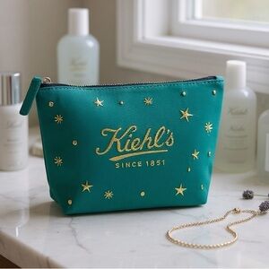 Kiehl’s | NWOT Velvet Pouch Makeup Cosmetic Bag Teal Green with Gold Stars